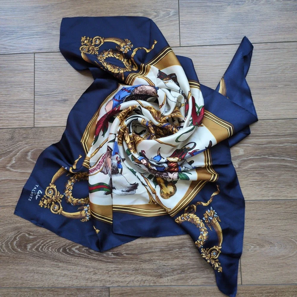 Echo for Talbots Silk Holiday Scarf 12 Days of Christmas Silk Clock Navy Blue